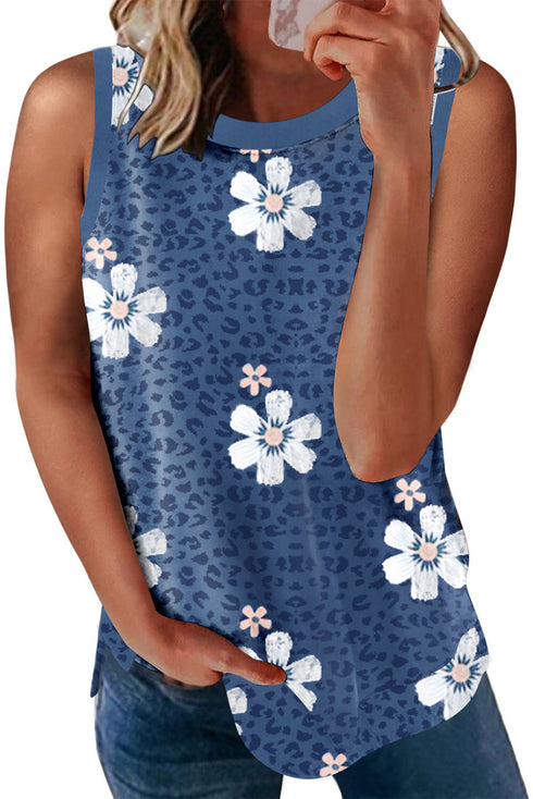 Crew Neck Floral Leopard Print Tank Top